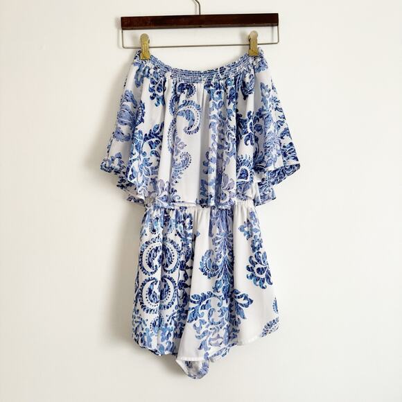 SHOW ME YOUR MUMU Rosarita Off Shoulder Romper Blue White XS - Picture 6 of 8